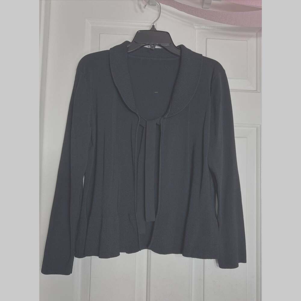 Black Open Front knit Cardigan Shawl Collar Tie Front Peplum Modern Chic Glam L
